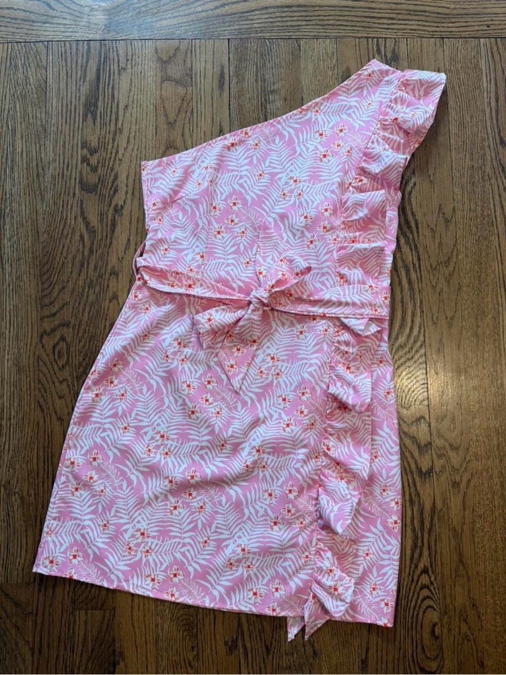 Womenโs Pink One-Shoulder Floral Tie-Waist Dress
